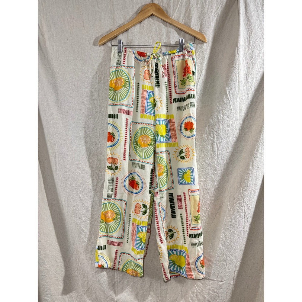 Sincerely Jules Fruit Stamp Print Wide Leg Pants Cream Tropical Summer Small